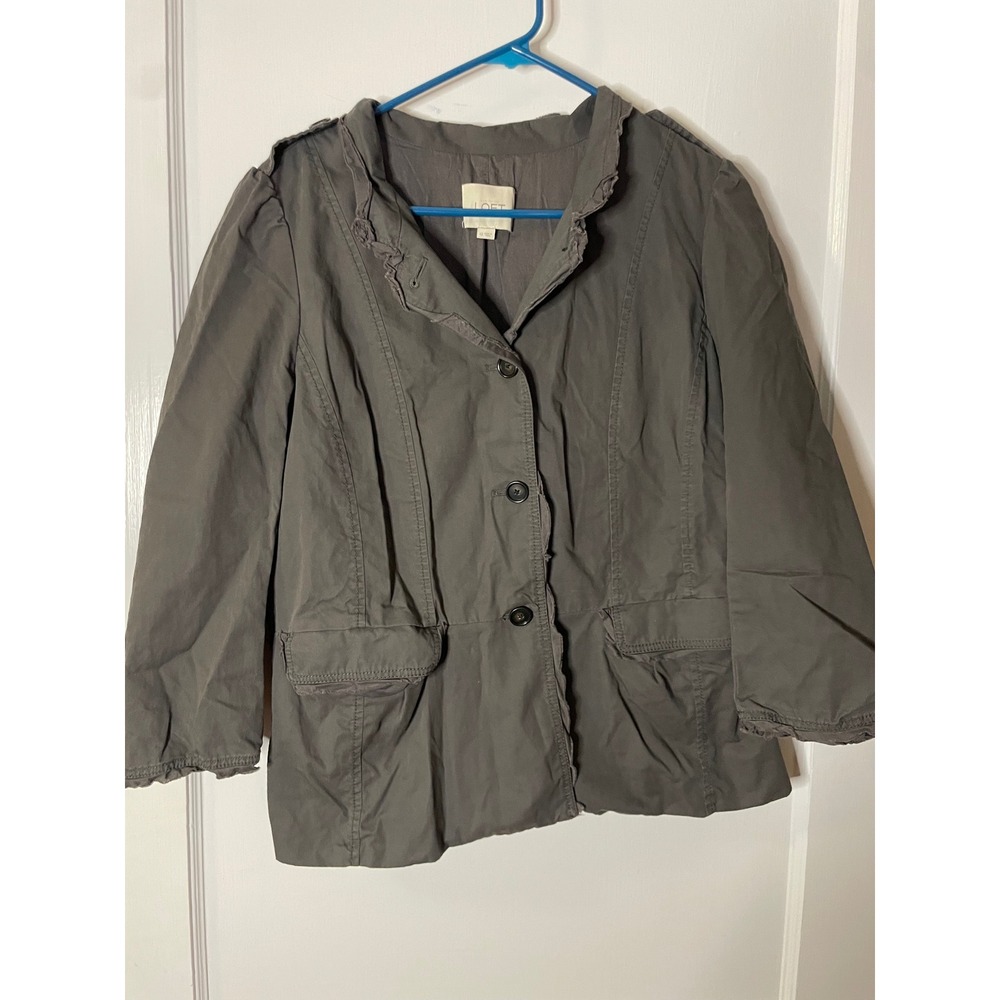 LOFT Women's Gray Cotton Military Style Button Front Jacket Size 12‎